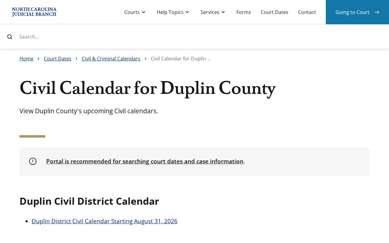 Duplin court calendar reference showing official civil calendar results