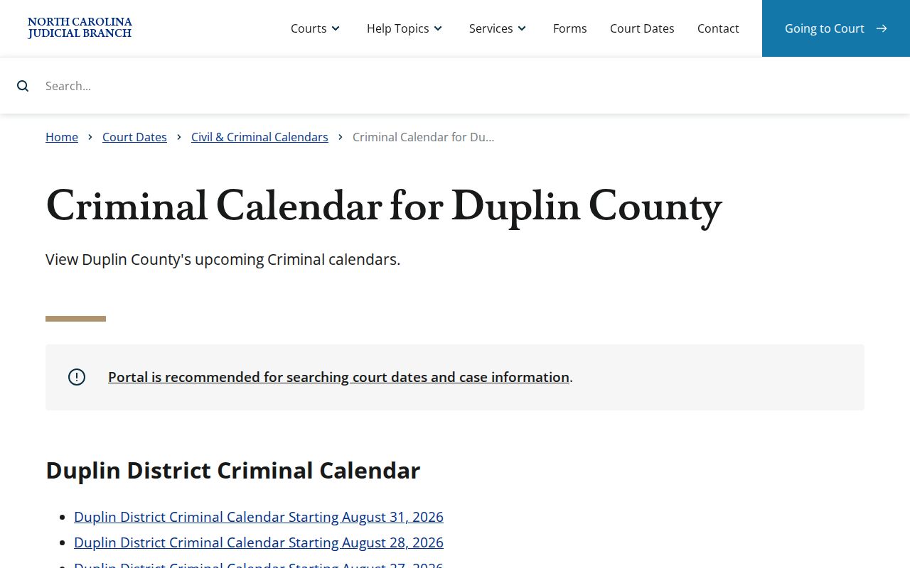Duplin court calendar reference showing official criminal calendar results