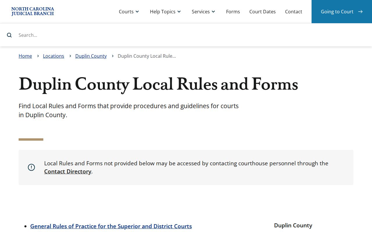 Duplin court calendar reference from official local rules and forms