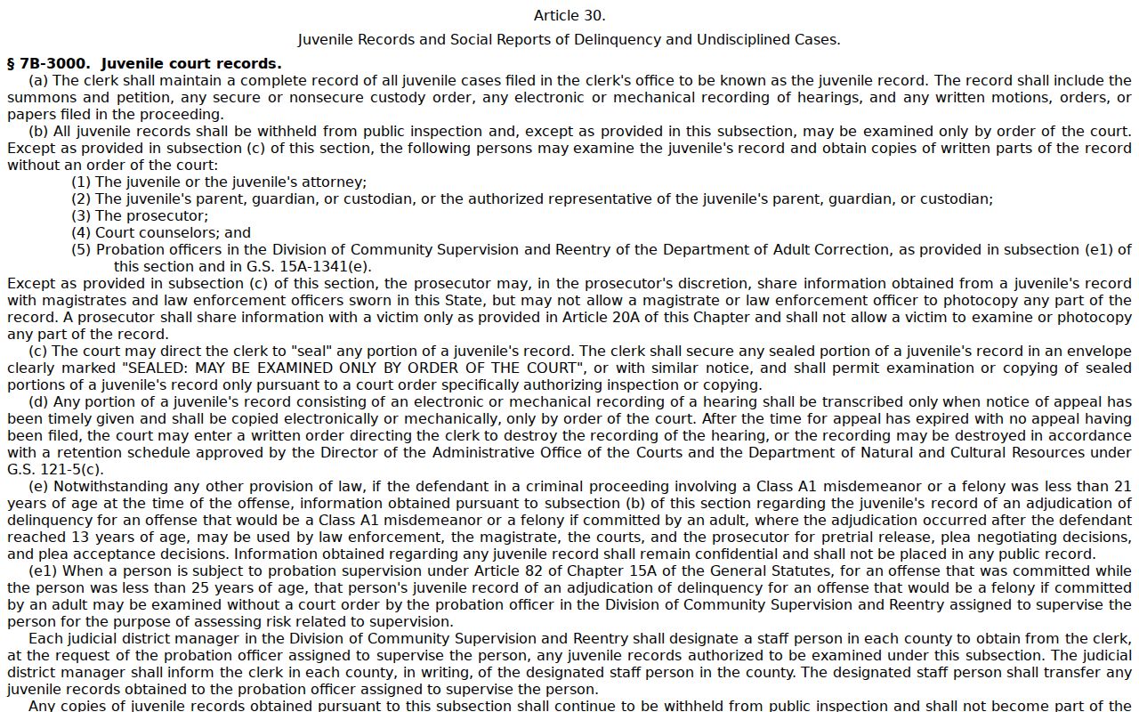 Duplin criminal docket access reference for North Carolina juvenile records law
