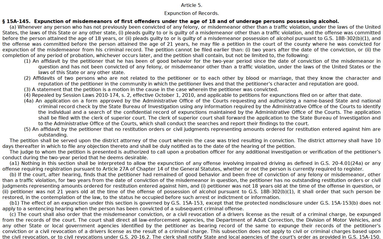 Duplin criminal docket reference for North Carolina expunction law