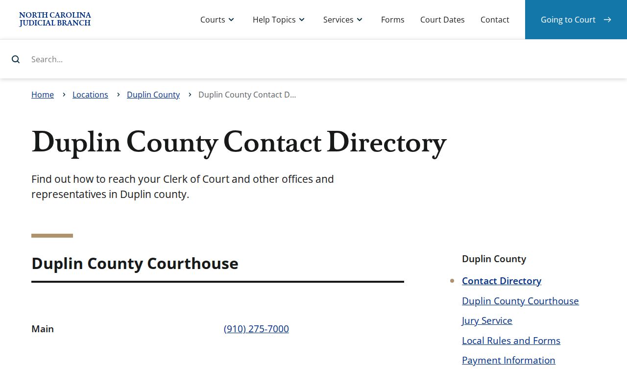 Duplin County court docket Clerk contact directory